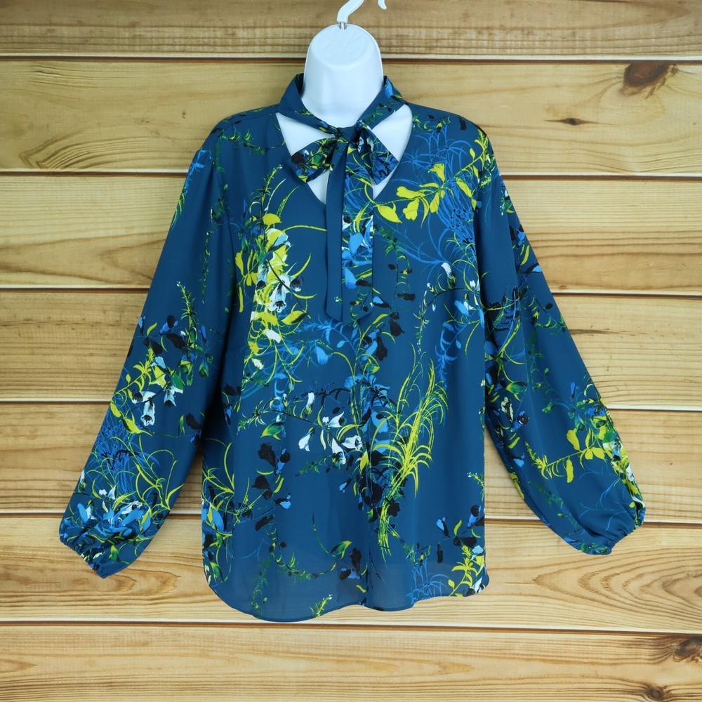 Worthington Long Sleeve Blouse Womens Sz 0X Blue Floral Neck Tie Balloon Sleeves
